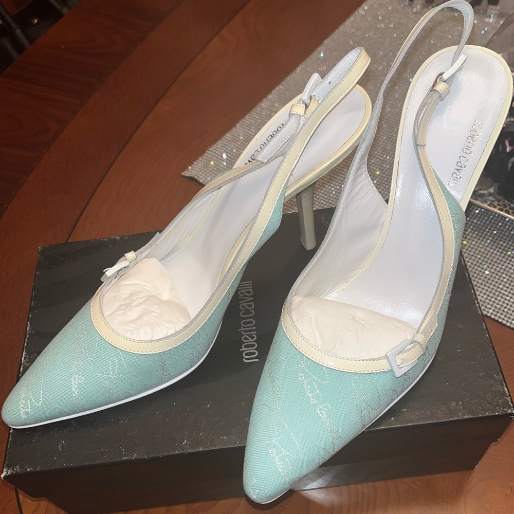 Roberto Cavalli Green and  White Heels